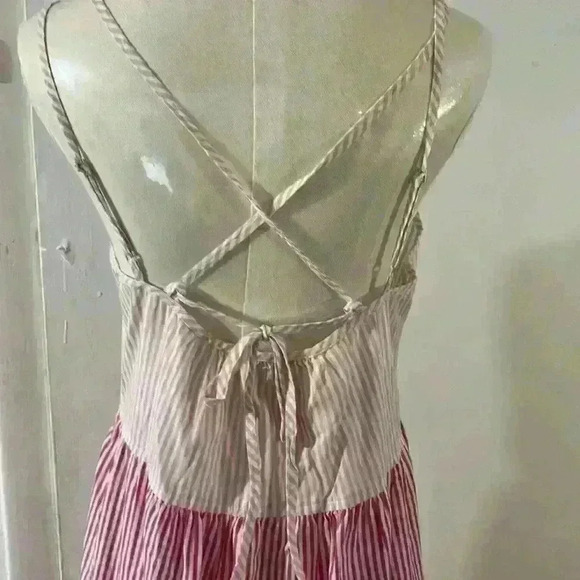 Free Assembly Cotton Pink Striped Tiered Double Strap Maxi Sundress Size S - Picture 6 of 9